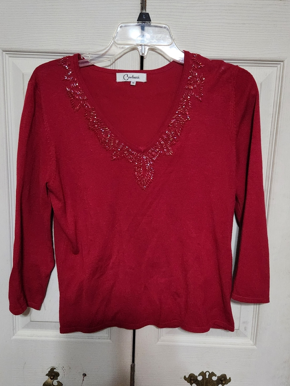Carducci Red V-Neck Beaded Women's Top